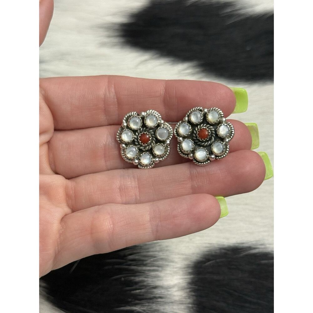 Native American Sterling Silver Mother Pearl Red Coral Cluster Flower Earrings
